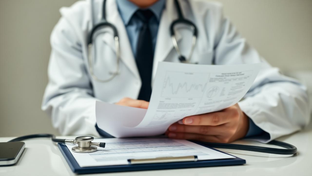 Cardiologista analisando exames cardiovasculares impressos sobre mesa de consultório