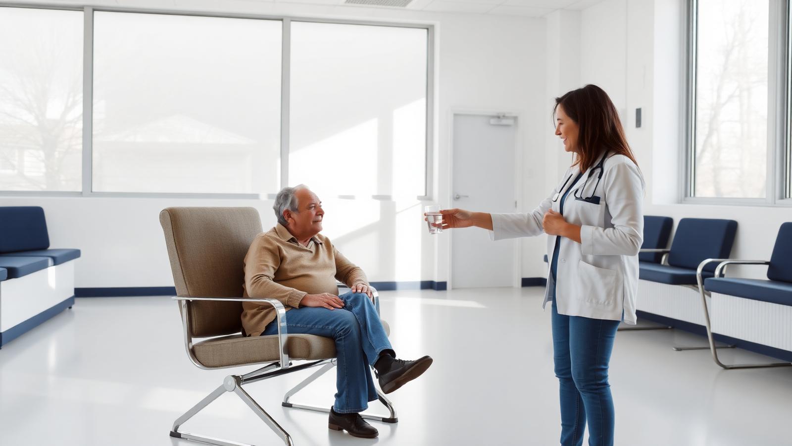 Pessoa sentada em sala de espera clara recebendo um copo de água de uma profissional de saúde