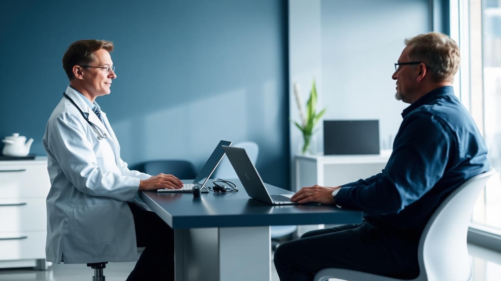 Cardiologista conversando com paciente adulto durante avaliação em consultório
