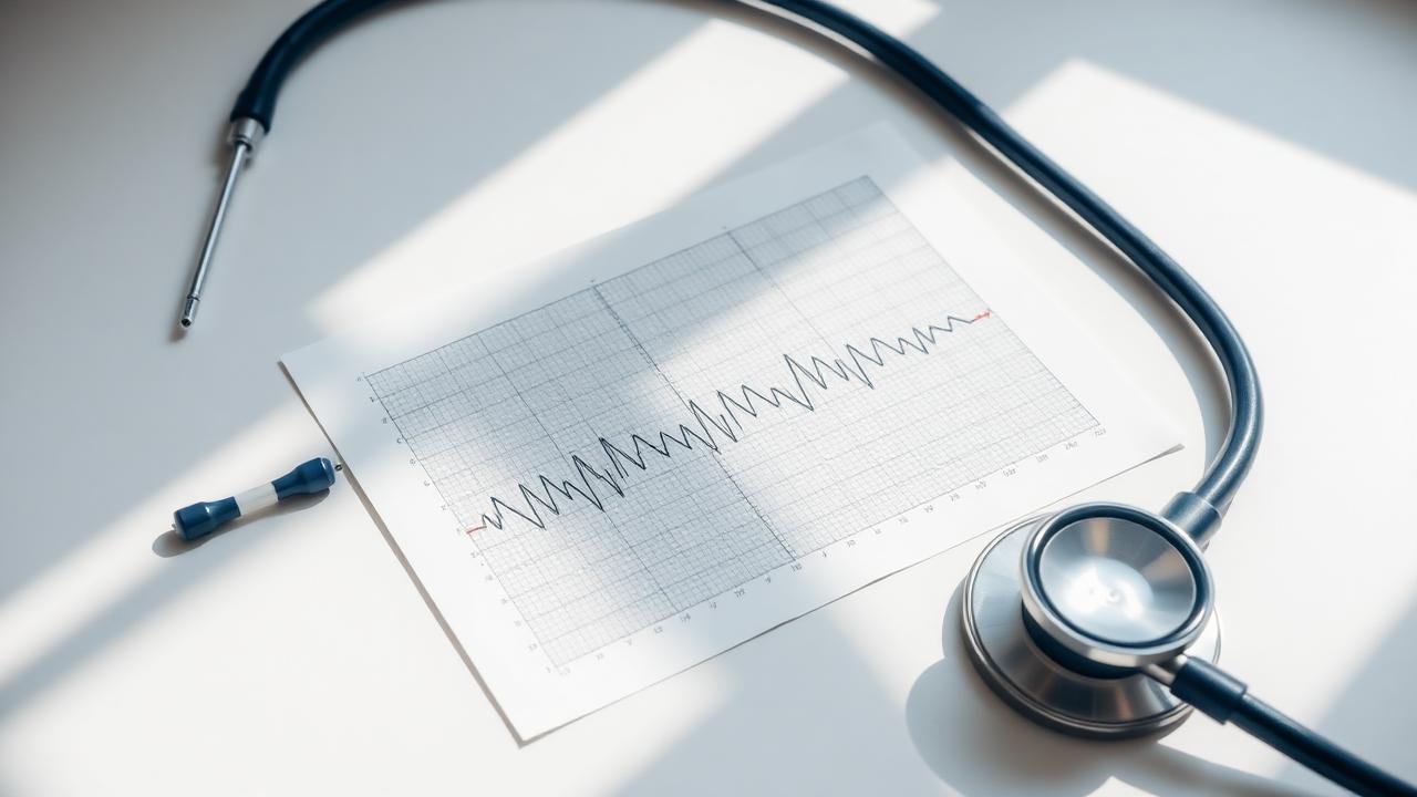 Traçado de eletrocardiograma impresso em papel milimetrado ao lado de um estetoscópio