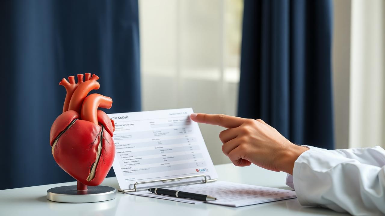 Modelo anatômico do coração ao lado de exames impressos durante consulta cardiológica